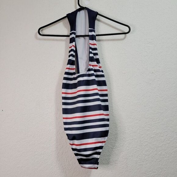 Mapale Striped Strappy Sexy Open Back Cheeky One Piece Swim Suit Size Small - Picture 5 of 11